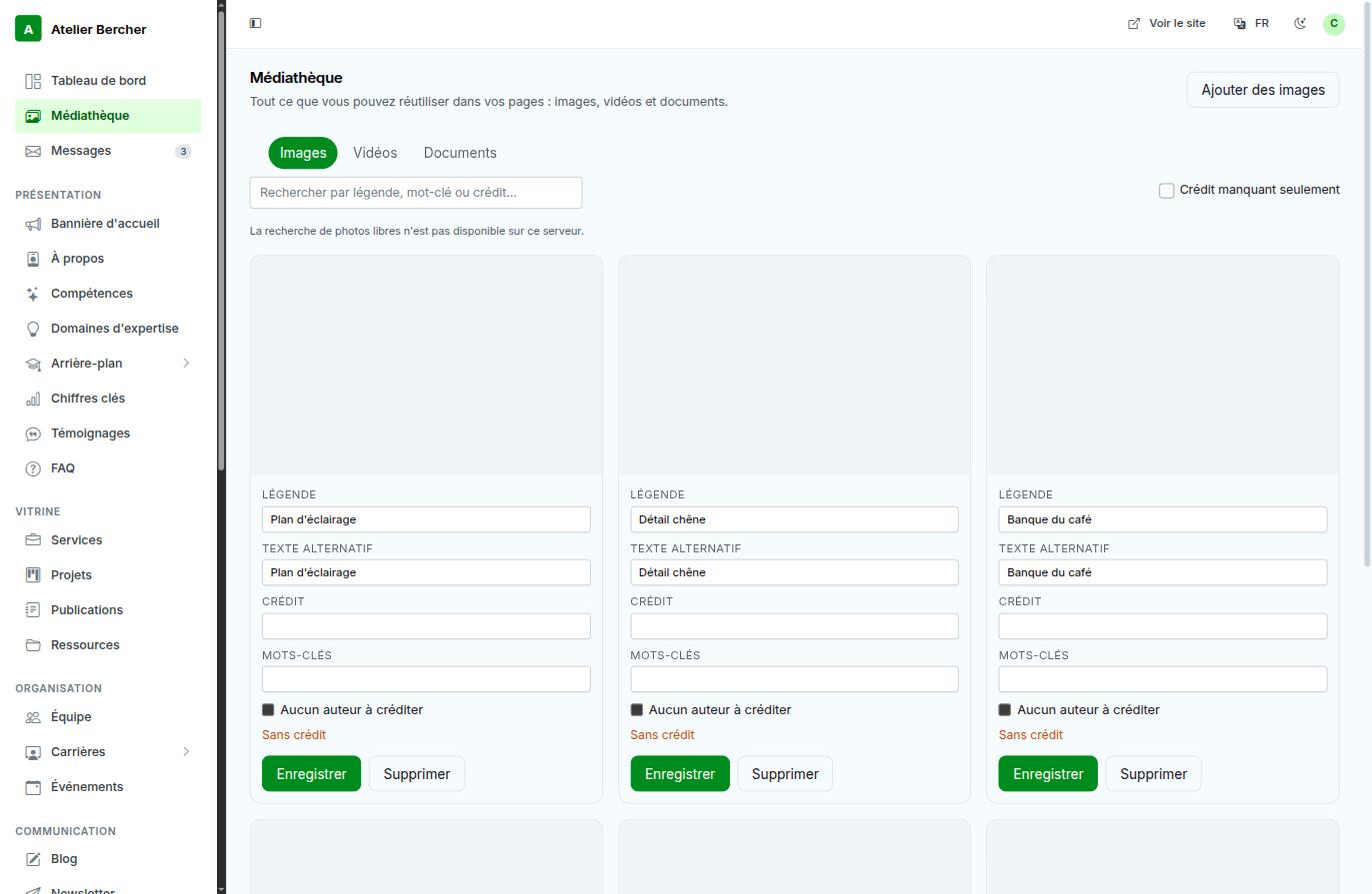 The media library: Images, Videos and Documents tabs, with caption, alt text, credit and keywords under each image.